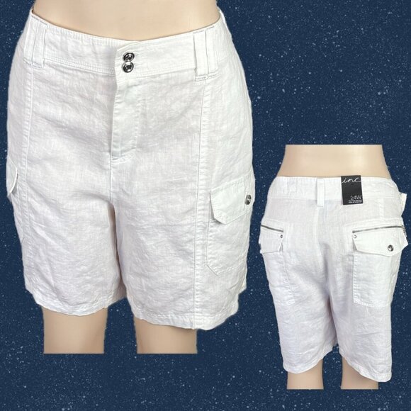 Inc International Concepts +24W White Button Zip Waist 100% Linen Pockets Shorts - Picture 1 of 7